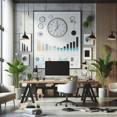A Room with a template mockup poster empty white and with a large clock and a table realistic photo attractive.