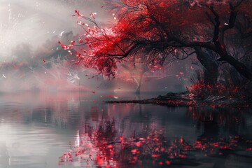 A beautiful red tree reflecting in calm water. Perfect for nature and landscape themes