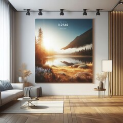 A Room with a template mockup poster empty white and with a large painting on the wall realistic attractive.