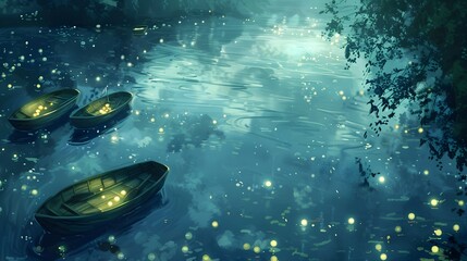 Glowing Boats on a Moonlit Lake with Fireflies Twinkling in the Serene Nightscape