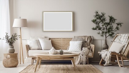 modern Mockup frame in Scandi living room interior, 3d render