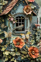 A fantasy-themed birdhouse adorned with flowers, a bird, and butterflies, exhibiting whimsical artistry