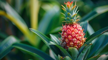 Obraz premium pineapple growing on plant blurred background