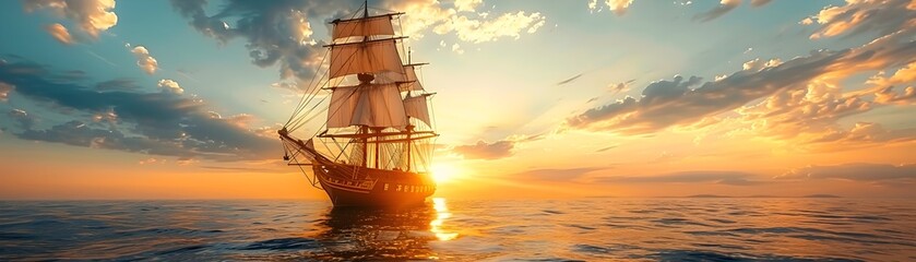 Fototapeta premium Majestic Sailing Ship on the High Seas at Mesmerizing Sunset with Dramatic Cloudscape