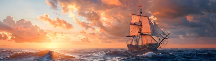 Majestic Sailing Ship Navigating Dramatic Sunset Seascape on the Open Ocean