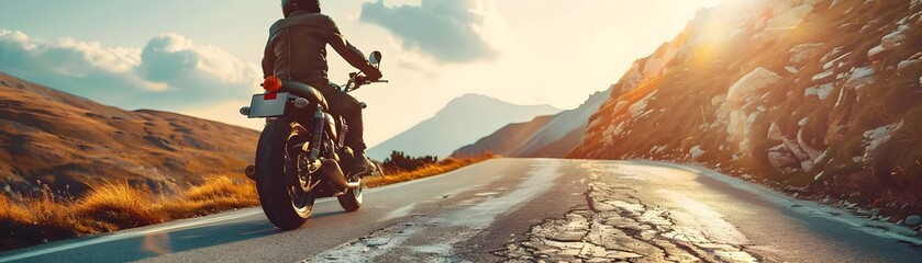 Adventurous Motorcycle Ride Through Breathtaking Mountain Landscapes with Scenic Winding Roads and Horizon Views