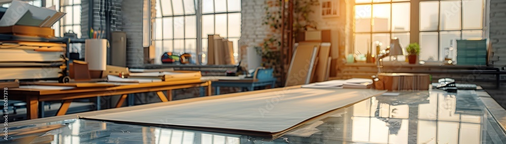 Poster empty glass topped drafting table in engineering workspace for technical displays and product showca
