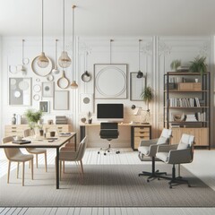 A Room with a template mockup poster empty white and with a table and chairs realistic harmony card design.