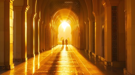Warm Golden Light Fills Travelers on Peaceful Passage Through Historic Archway