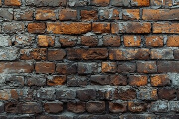 Obraz premium Weathered and aged brick wall texture background in vintage rustic pattern with antique patina. Old and historic urban building architecture backdrop with grungy and damaged red bricks