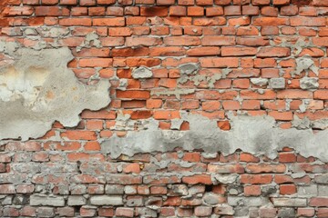 Weathered and distressed red brick wall with peeling off white plaster, suitable for backgrounds