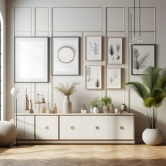 Fototapeta premium A Room with a template mockup poster empty white and with white cabinets and plants realistic has illustrative meaning card design.