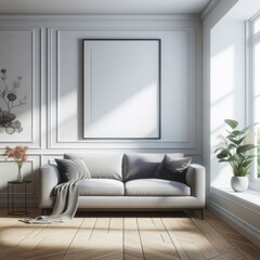 A white couch in a Room with a template mockup poster empty white and with a window and plants image realistic photo card design.