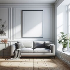Fototapeta premium A white couch in a Room with a template mockup poster empty white and with a window and plants image realistic photo card design.
