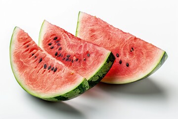 Three slices of watermelon are cut into pieces on a white background