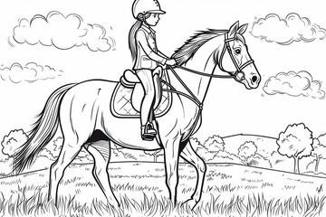 Embark on an equestrian adventure with a charming coloring book page featuring a girl riding a horse. Delight young artists with this playful cartoon vector illustration, capturing the joy and excitem