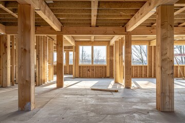 Empty Construction Site. Wooden House Interior Frame with Boards under Development