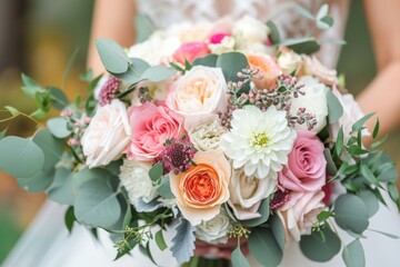 Obraz premium Close-up of a bride's hands clutching a beautiful bouquet of mixed flowers