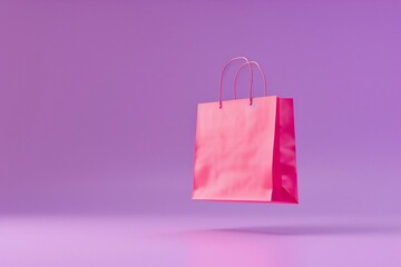 On a vibrant purple background, a pink paper shopping bag soars through the air, embodying the essence of shopping sale delivery.