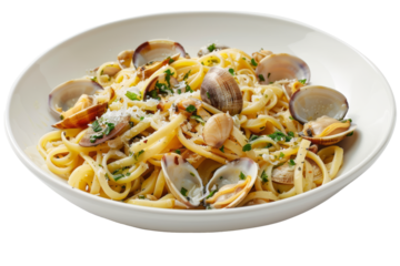 Fresh linguine tossed with clams, garlic, and parsley, served in a white bowl with a sprinkle of parmesan cheese.