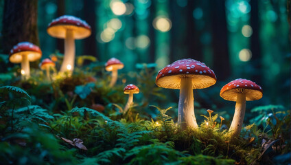 Enchanted Forest Wonderland, Dreamy Background with Mushrooms in Magical Green Fairytale Forest.