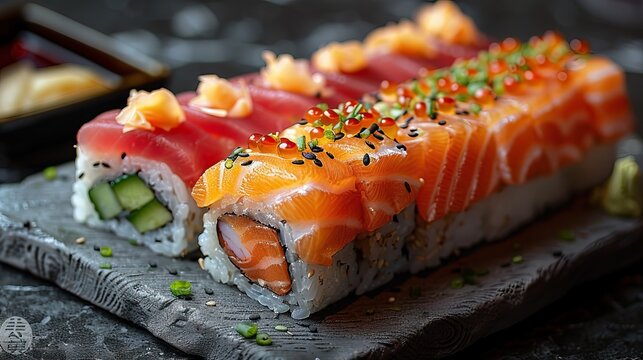 sushi with salmon on utting board 