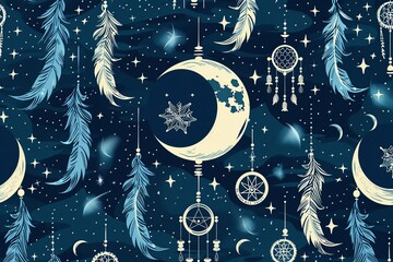 
Seamless pattern with dream catchers on the moon. Design for clothing, bedding, underwear, pajamas, banner, textile, poster, card and scrapbook