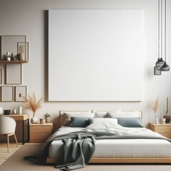 Bedroom sets have template mockup poster empty white with a large white frame above Bedroom interior art photo lively used for printing.