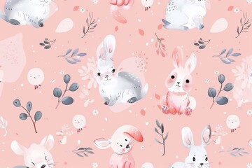 
Seamless pattern with painted pink soft pastel color with little animals, wallpaper background. Design for clothing, bedding, underwear, pajamas, banner, textile, poster, card and scrapbook