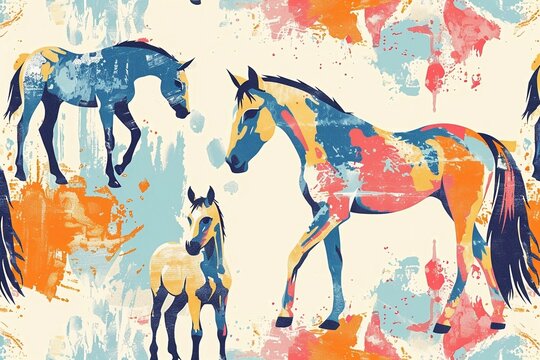 Seamless pattern with painted horse and baby horse wallpaper background. Design for clothing, bedding, underwear, pajamas, banner, textile, poster, card and scrapbook
