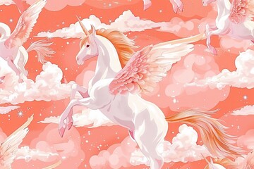 Seamless pattern with pegasus, wallpaper background. Design for clothing, bedding, underwear, pajamas, banner, textile, poster, card and scrapbook