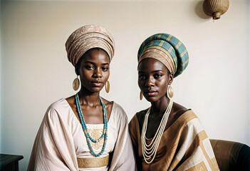 two women wearing traditional clothing with heasdress and turban pose for a photo
