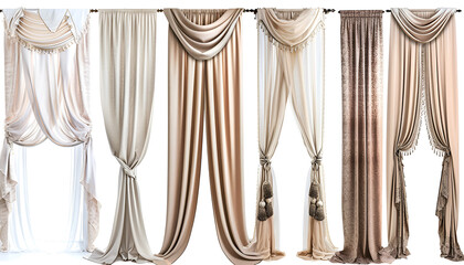 Collage of elegant window curtains isolated on white