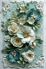 A beautiful relief of paper floral art within an intricate blue frame, exuding a vintage charm