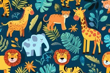 
Seamless pattern with zoo, wallpaper background. Design for clothing, bedding, underwear, pajamas, banner, textile, poster, card and scrapbook