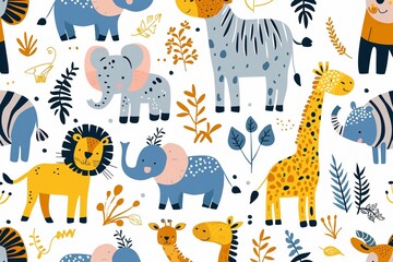 Fototapeta premium Seamless pattern with zoo, wallpaper background. Design for clothing, bedding, underwear, pajamas, banner, textile, poster, card and scrapbook