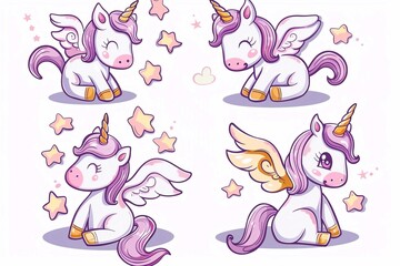Cute set happy baby unicorn, stickers pack, cartoon vector illustration