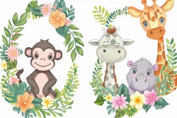 Cute and charming set of cartoon animals zebra monkey giraffe and hippo in flower wreaths children's clipart