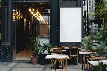 White paper poster mockup displayed outside the building restaurant mockup. Generative Ai.