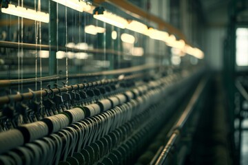 Fototapeta premium Industrial textile factory, Machinery and equipment in a spinning production company 