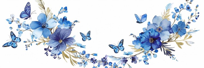 Discover a Watercolor Vector Floral Wreath Adorned with Blue Butterflies and Delicate Flowers. This Blossom Flower Clip Art Arrangement is Perfect for Elevating Wedding Invitations, Cards, Mother's Da