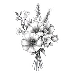 Artistic illustration of a bouquet of flowers with high contrast in pencil, emphasizing textures and details
