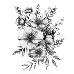 This piece depicts a lush floral arrangement expertly sketched in pencil, showcasing depth and realistic textures