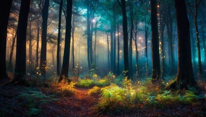 Enchanted Woodlands, Mystical Forest Landscape Aglow with Ethereal Lights.