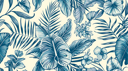 Vintage Jungle Dreams: Detailed Line Art of Tropical Flora and Fauna in Teal blue on Cream Background  - Seamless tile. Endless and repeat print.