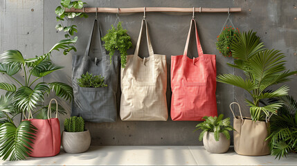 Three bags of different colors hanging on a wall with plants in pots. The bags are red, black, and white