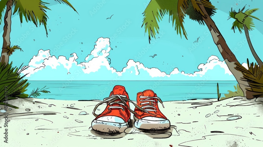 Canvas Prints A pair of a red shoe is sitting on the sand, AI