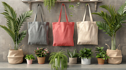 Three different colored tote bags are hanging on a wall next to potted plants. The bags are red, gray, and white. The potted plants are green and yellow, and they are arranged in a row