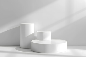 White realistic 3D cylinder steps pedestal podium set with shadow and lighting. Generative Ai.