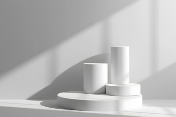 White realistic 3D cylinder steps pedestal podium set with shadow and lighting. Generative Ai.